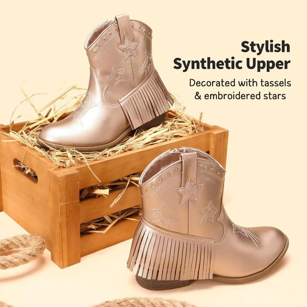 ⚡Girls Rose Gold Cowgirl Ankle Western Boot Side Zipper Riding Shoes With Tassel